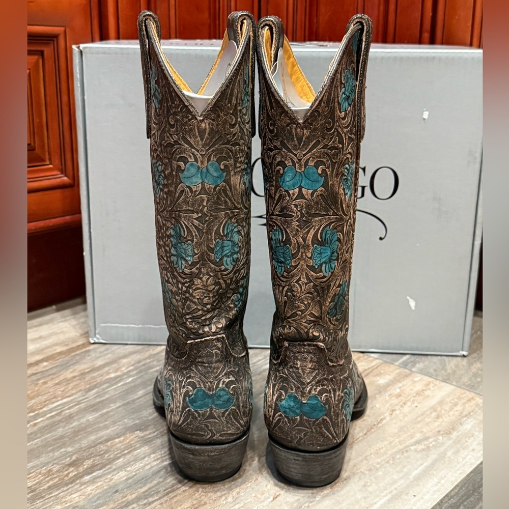 Old Gringo Cowboy Boots Edwine Turquoise Brown Floral Flower Wedding Tooled 7.5 - Picture 7 of 10